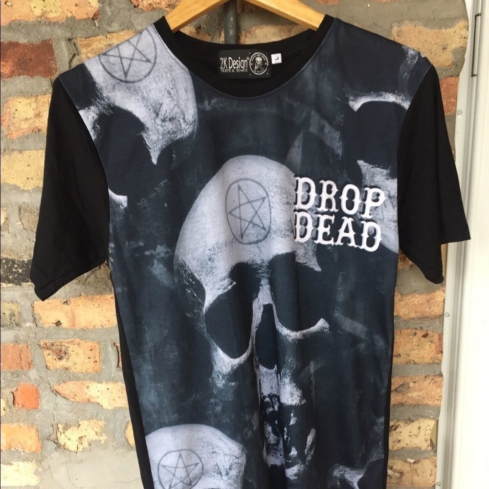 Halloween Drop Dead Skull & Pentagram Motif T-Shirt Large